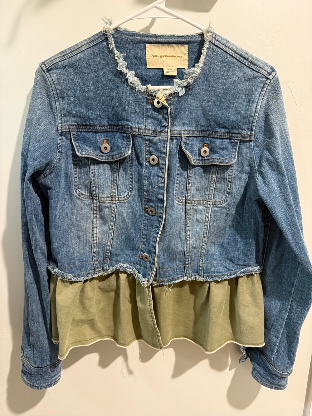 PILCRO Denim Peplum Jacket with Olive Ruffle